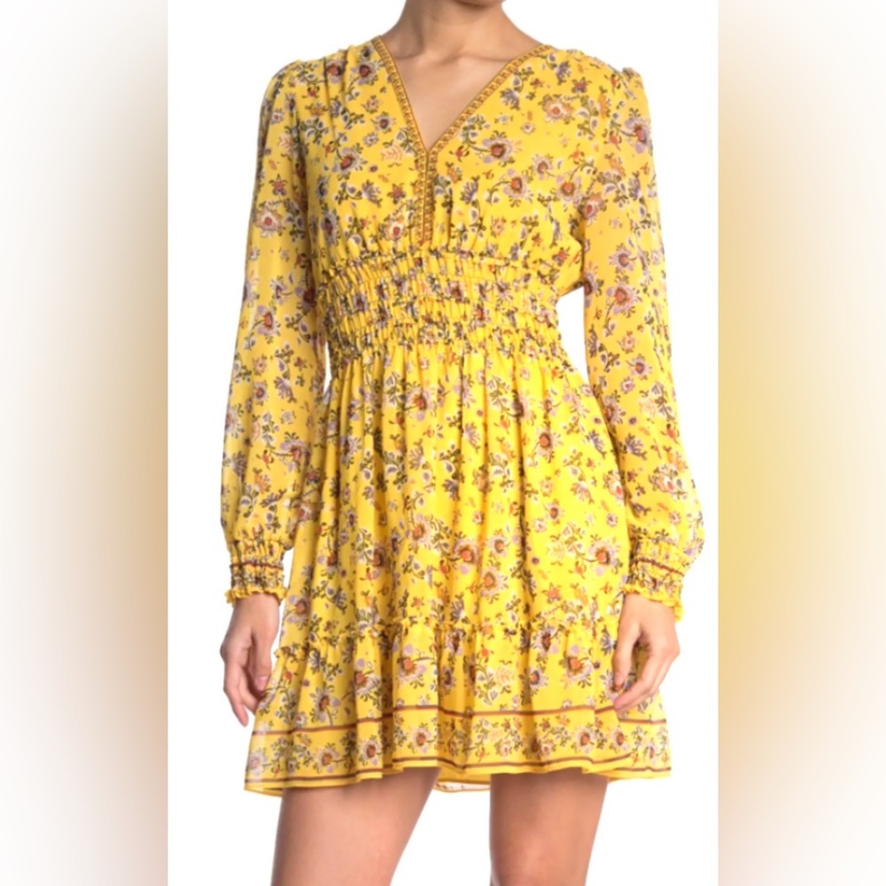 Max Studio Yellow Floral Smocked Waist Mini Dress Boho Long Sleeve M